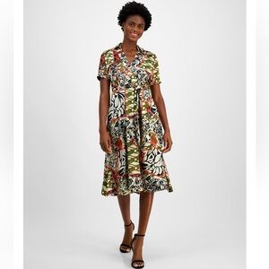 NWT Tahari ASL Women's Printed Collared Tie-Waist Dress Size 2